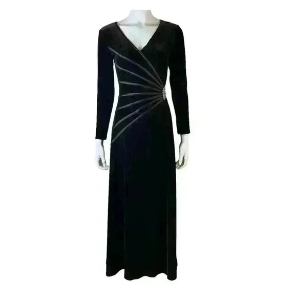 Tadashi Vintage Dark Brown Velour Evening Gown S Long Sleeve Rhinestone Dress - Picture 4 of 11